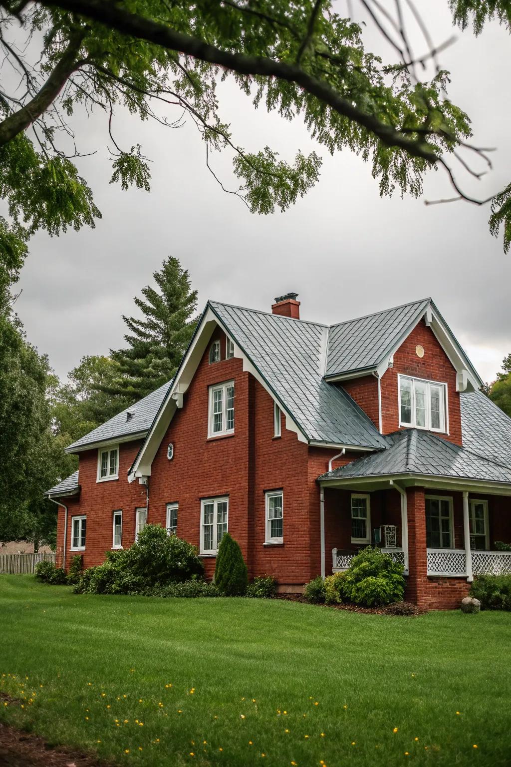 A gabled roof adds character to this red brick house.