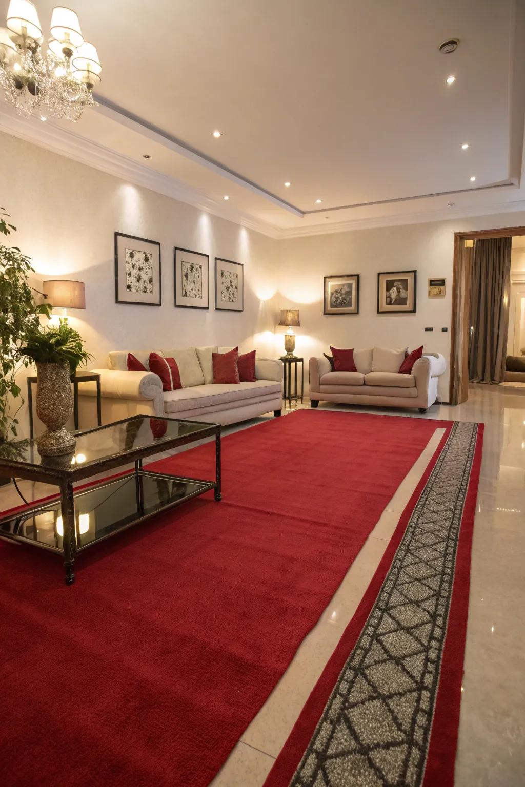 A living room where a red carpet beautifully accents a neutral palette.