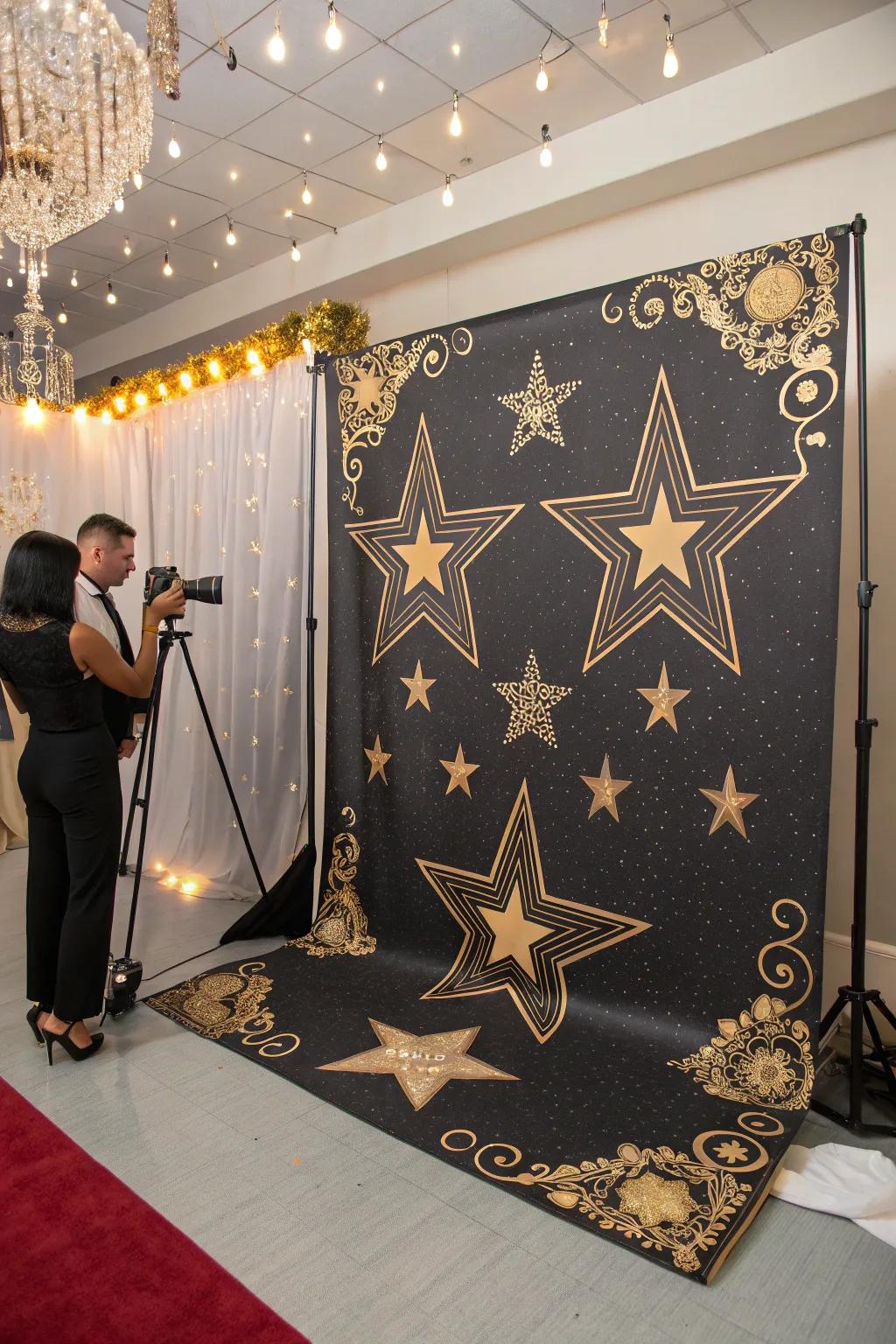 A personalized photo backdrop offers a fun spot for guests to capture memories.
