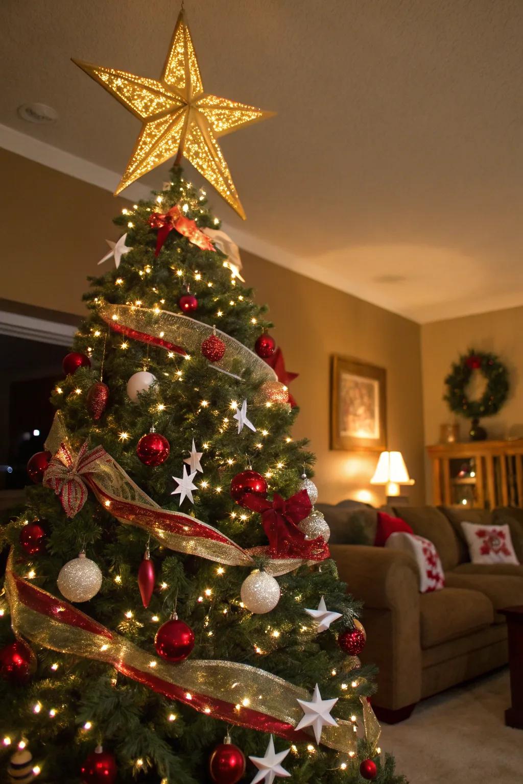 A gold star crowns the tree, adding celestial elegance.