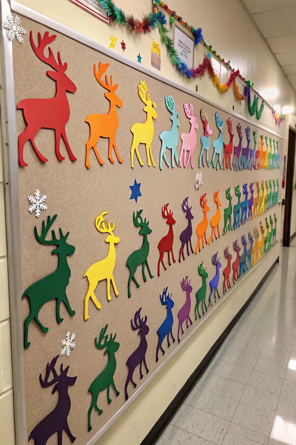 A colorful reindeer parade adds vibrant cheer to your decor.