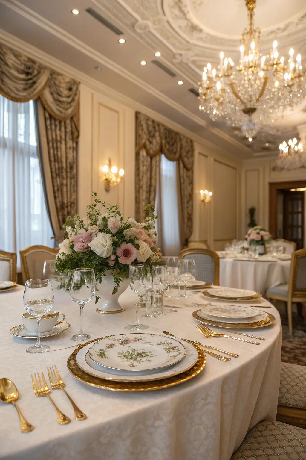 Fine china and gold cutlery elevate the table setting.