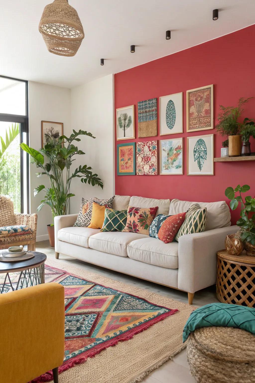 A vibrant accent wall that brings life to the living room.