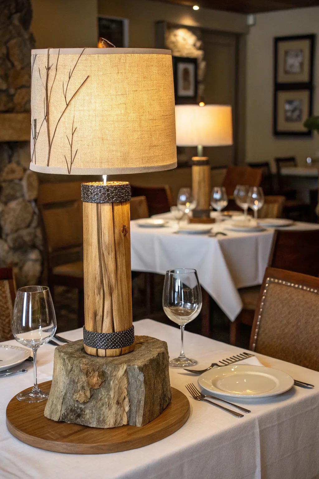 Nature-inspired table lamp with wood and stone elements on a restaurant table.