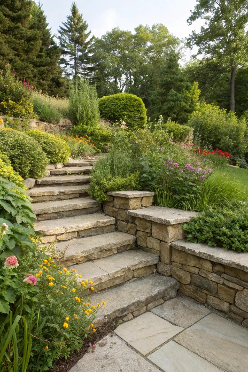 Integrated steps add both function and beauty to retaining walls.