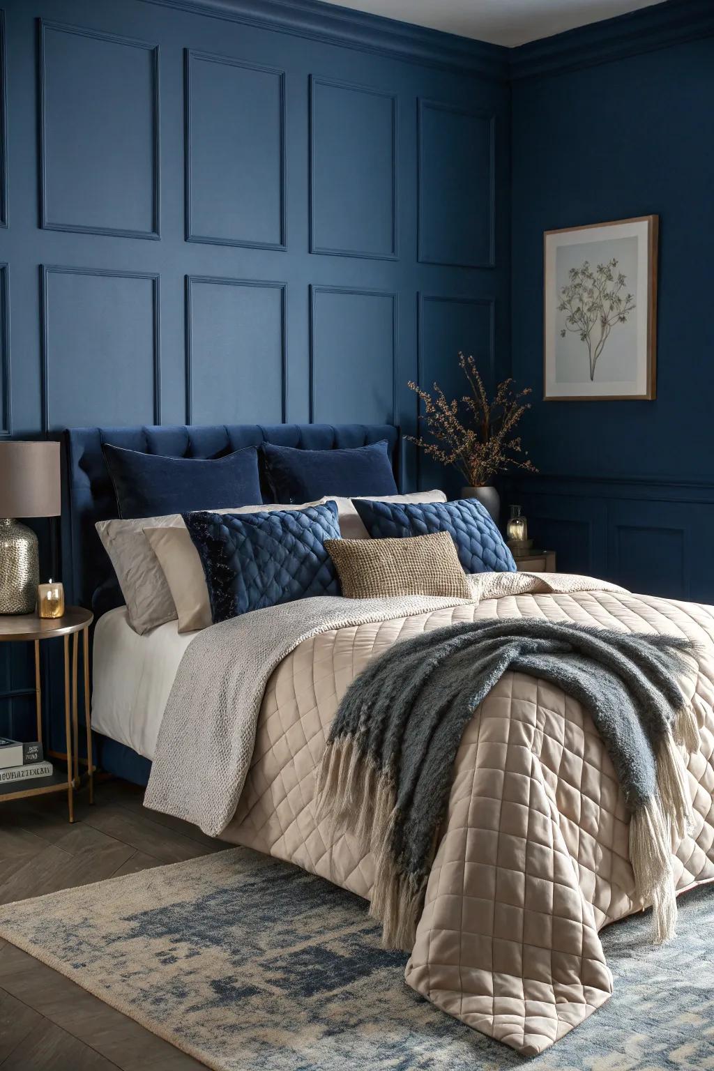 Layered textures enhance the coziness of a navy blue room.