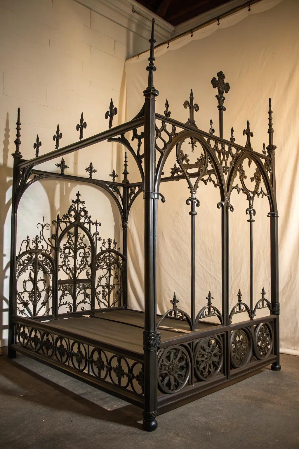 Wrought iron details add classic gothic charm to the bedroom decor.