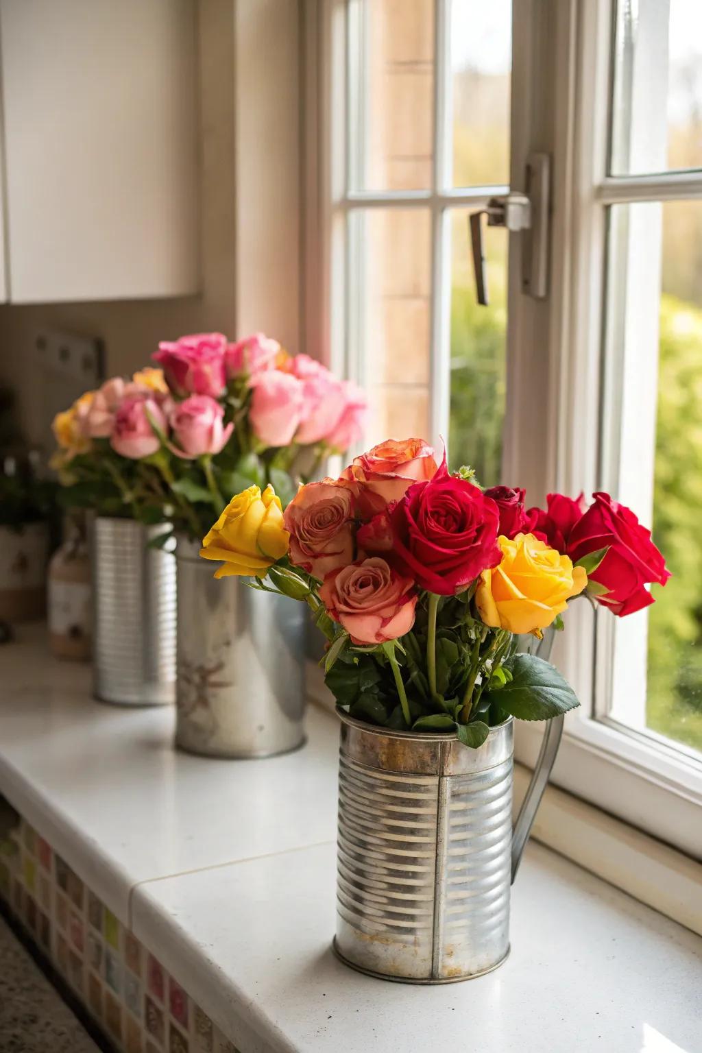 Quirky charm with vintage tin cans and colorful roses.