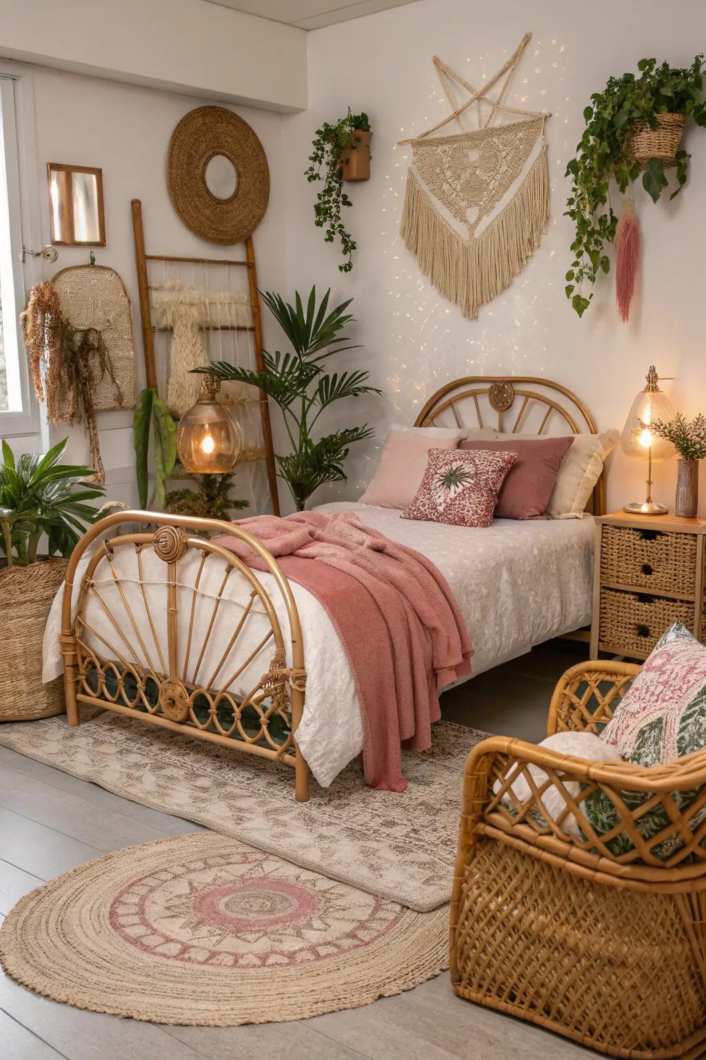 Rattan and rose gold create a relaxed boho atmosphere.