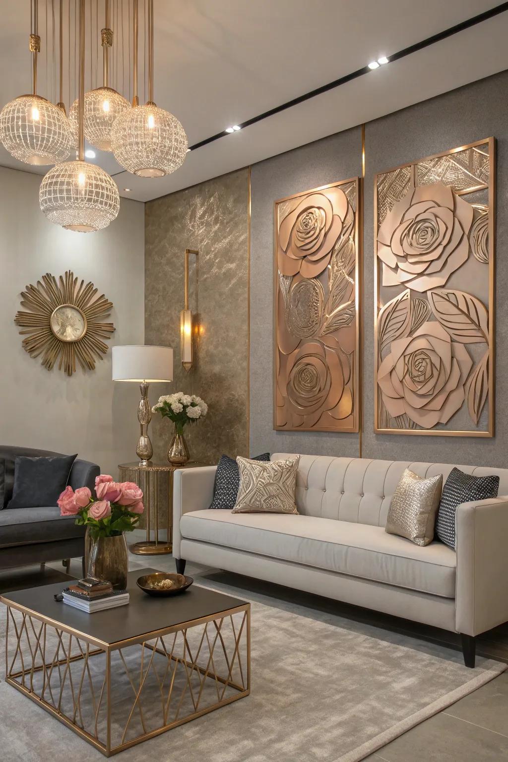 Abstract wall art with rose gold hues adds a personal touch.