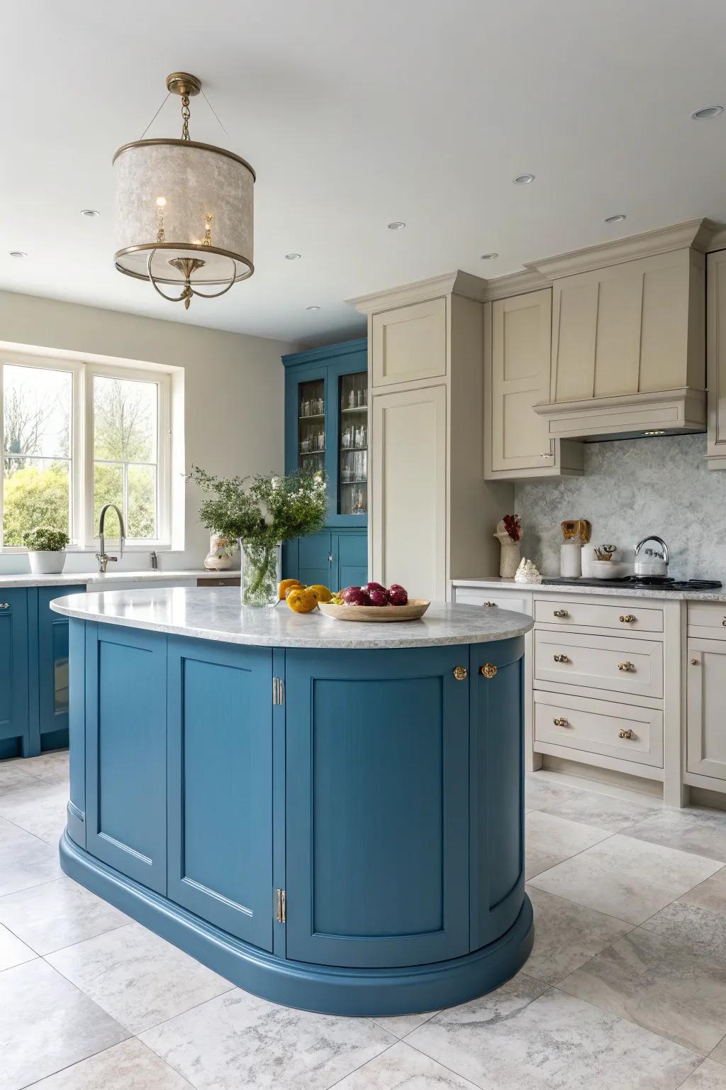 A pop of color brings excitement to a round kitchen island.