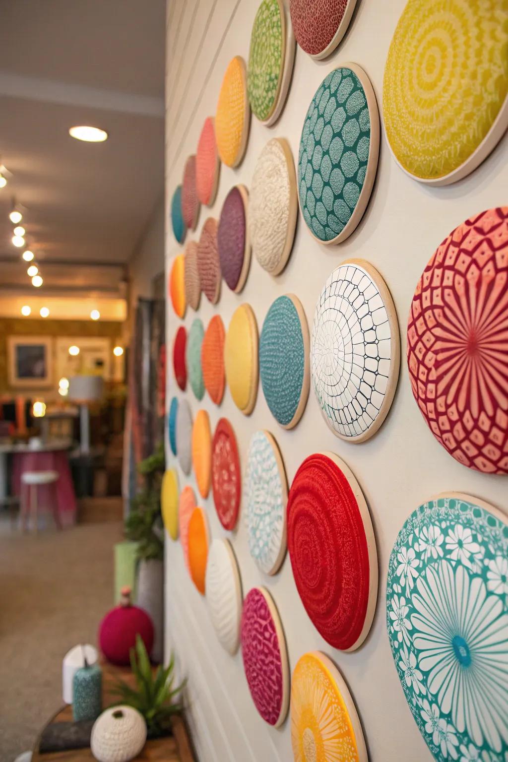 Clustered round decor pieces creating a dynamic wall display.