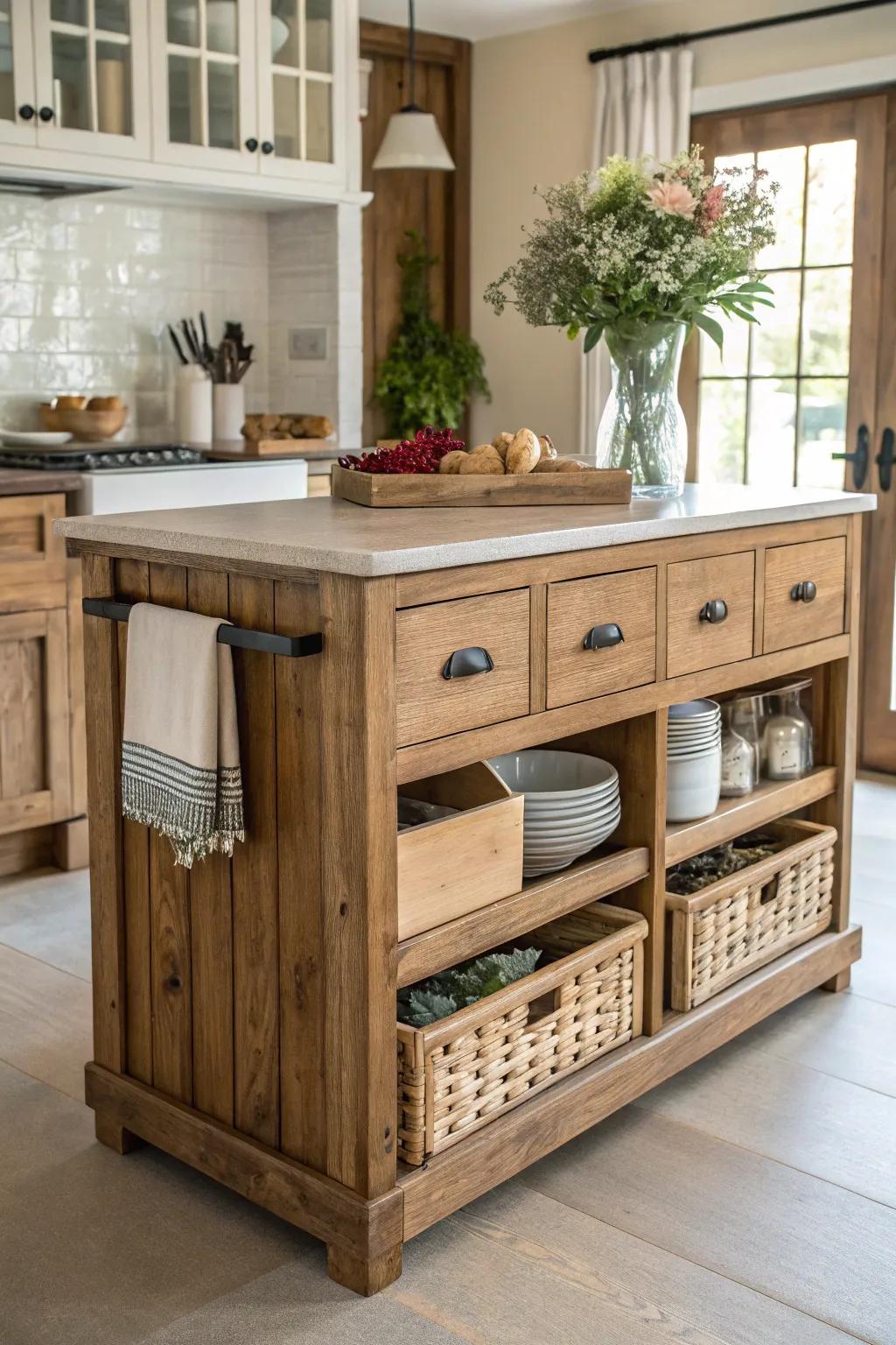 A practical farmhouse kitchen island with built-in drawers and storage options.