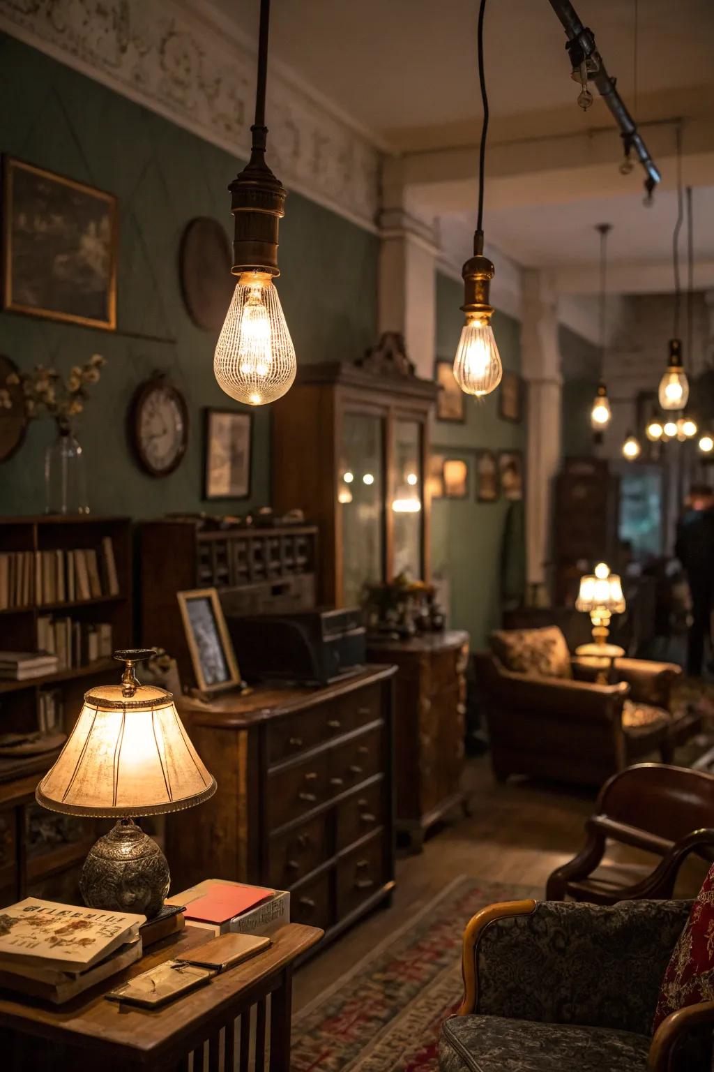 Dim lighting with Edison bulbs adds warmth to this rustic space.