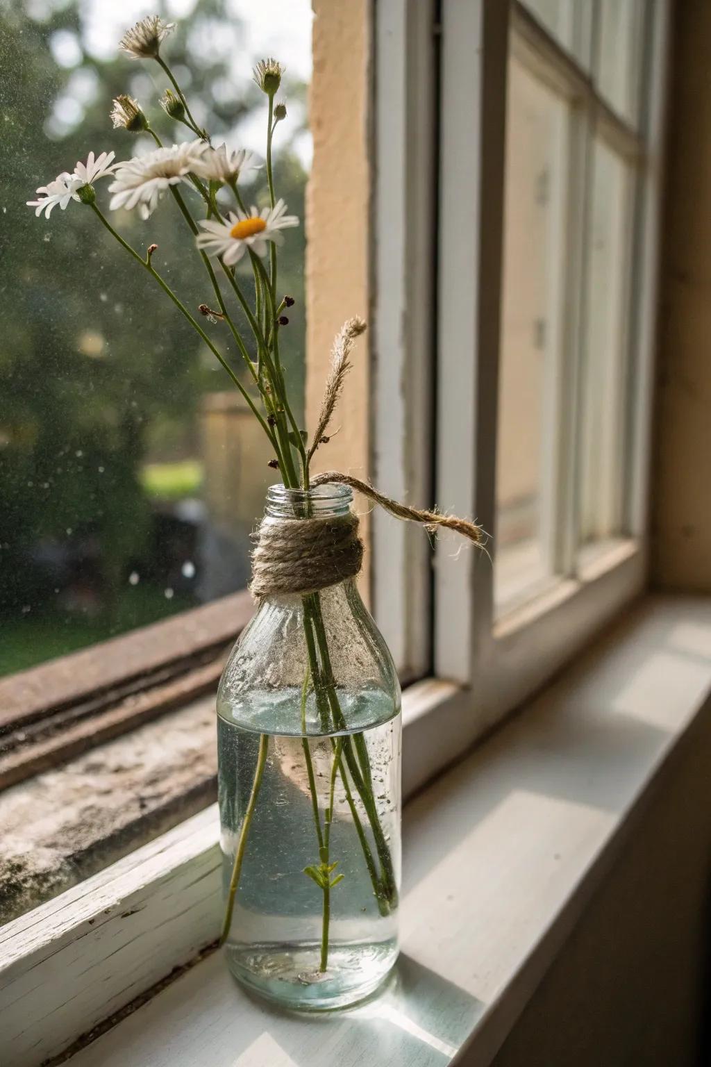 Glass bottles with twine are perfect for minimalist rustic decor.