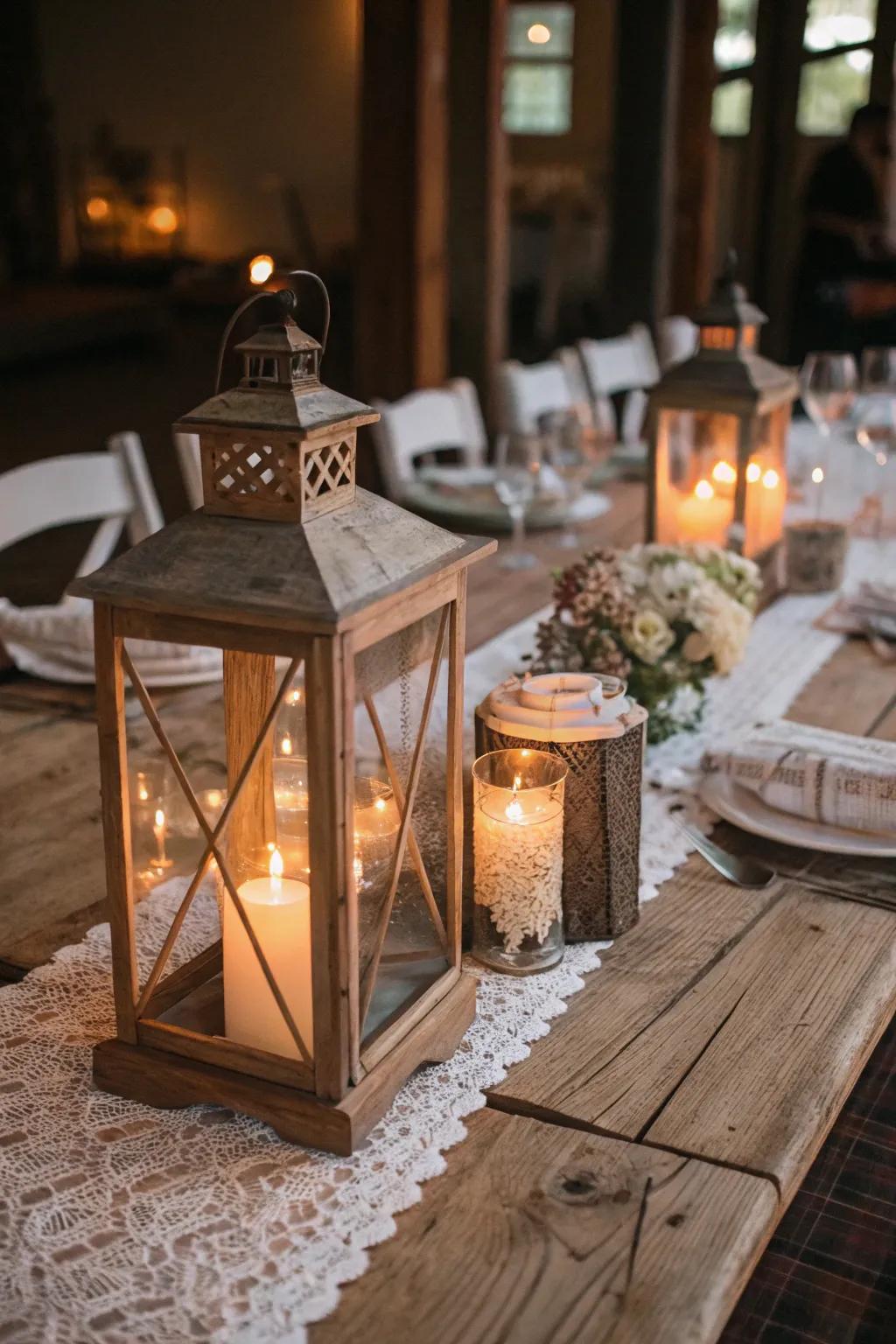 Vintage lanterns adding a warm glow to the rustic head table.