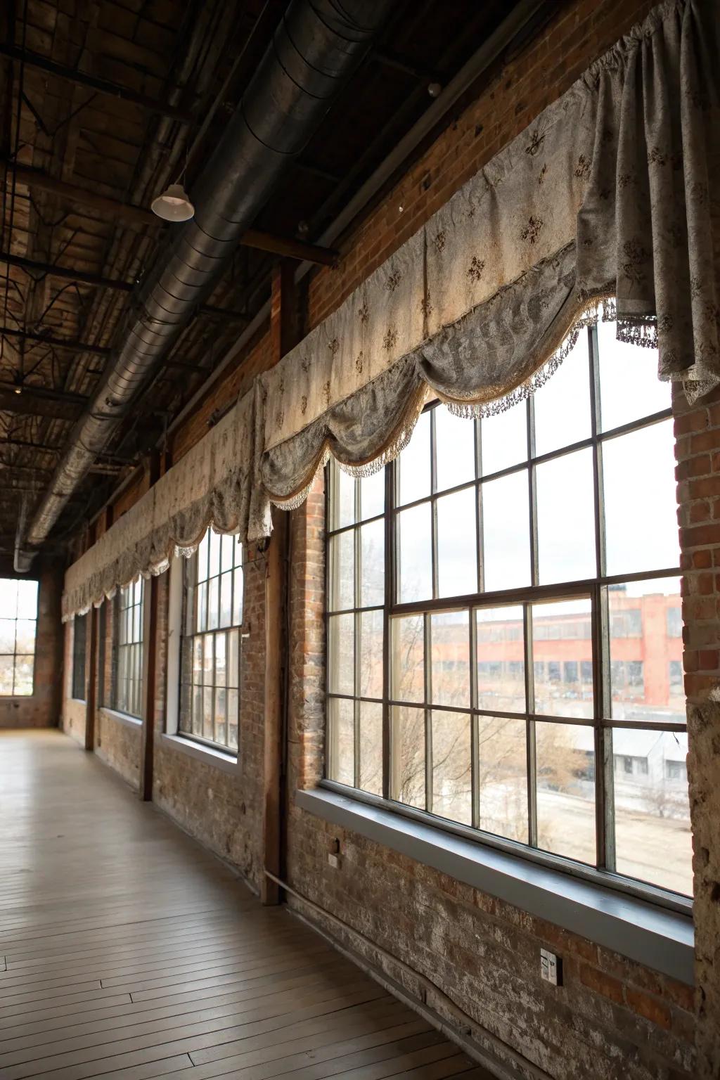 An industrial-chic room with a distressed metal valance lending a rugged touch.