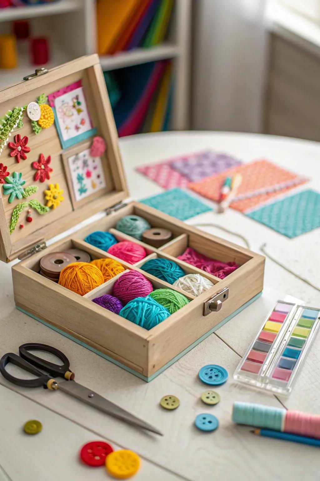 A craft display shadow box bursting with creativity.