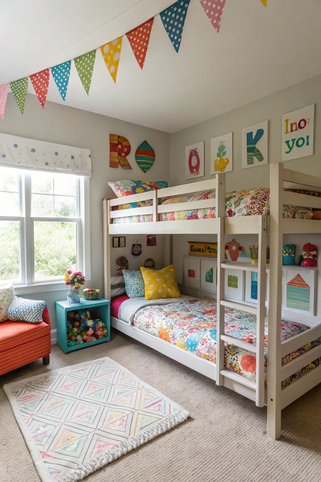 Loft beds open up floor space for play and creativity.