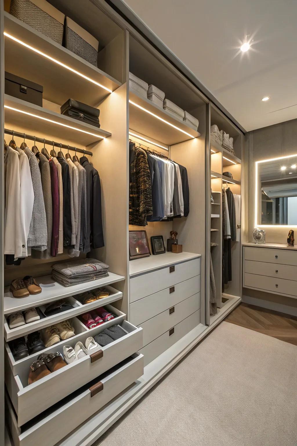 A closet equipped with sleek drawer systems for a clean look.