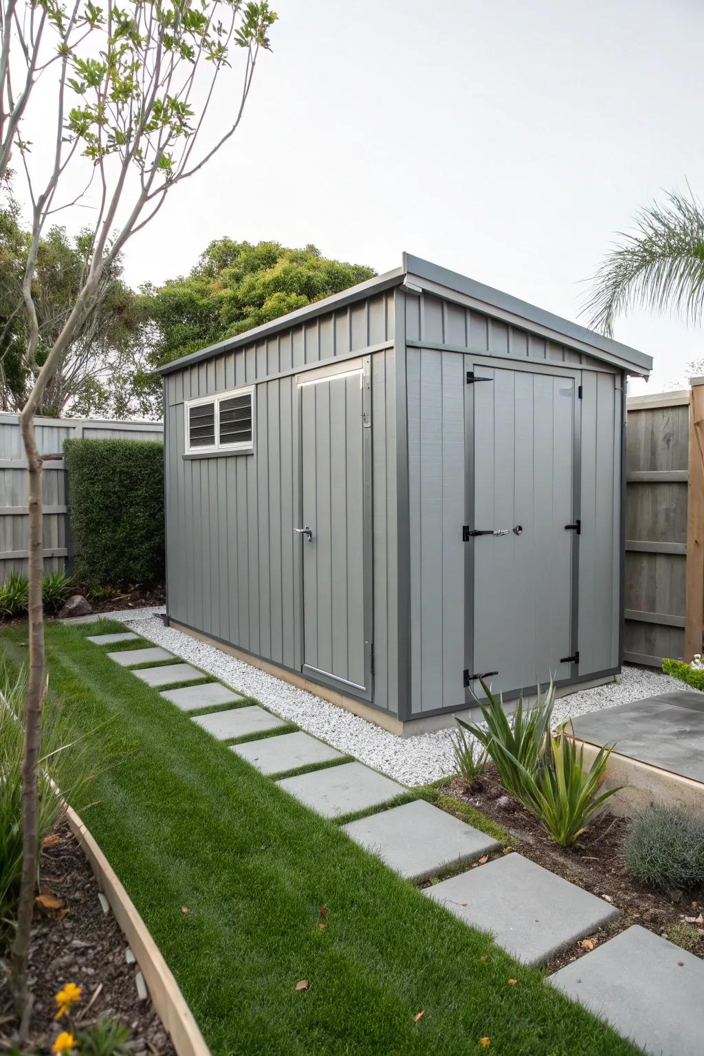 Sophisticated gray sheds offer modern elegance with a touch of class.