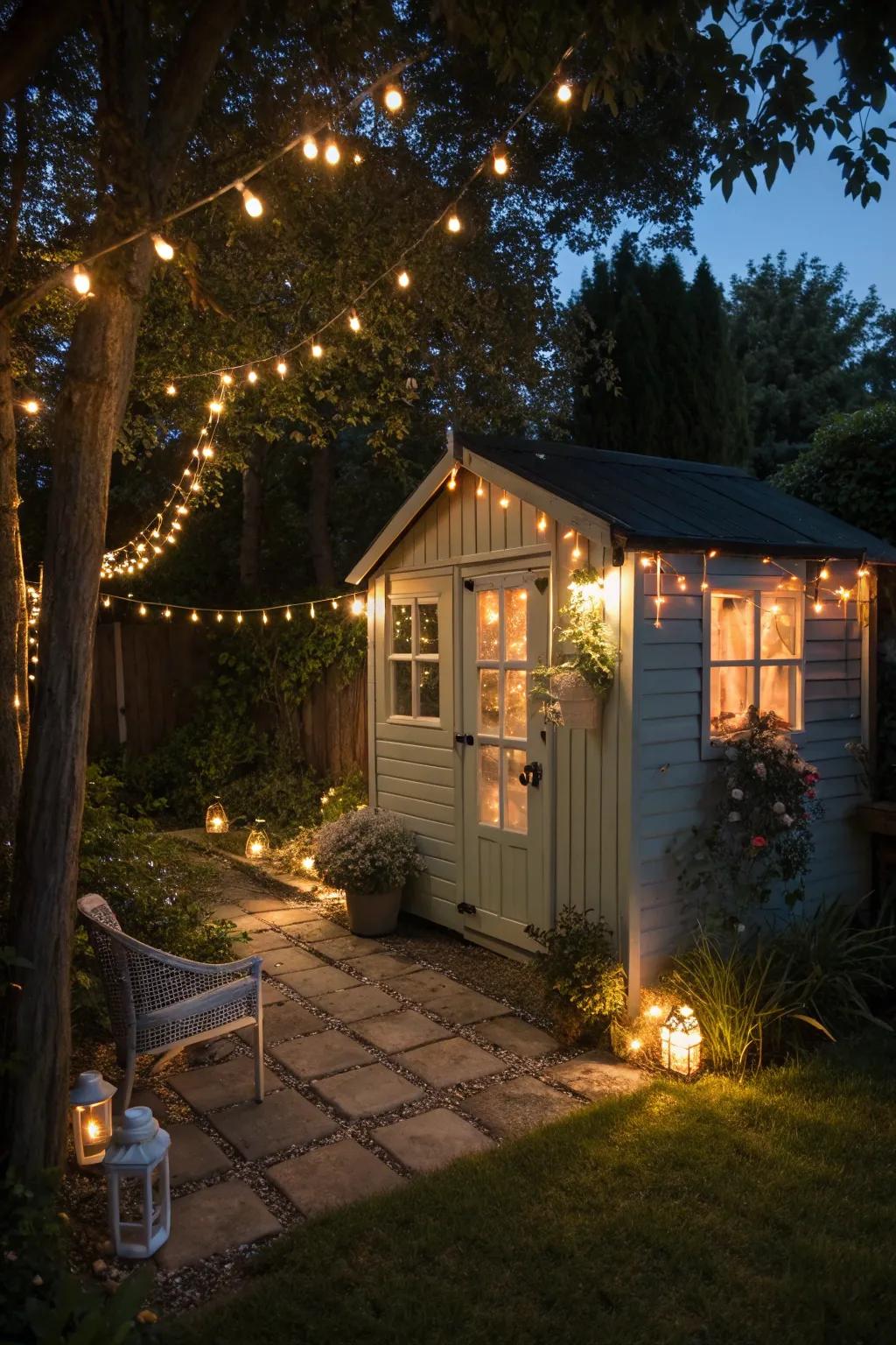 A garden shed aglow with creative lighting for a magical ambiance.