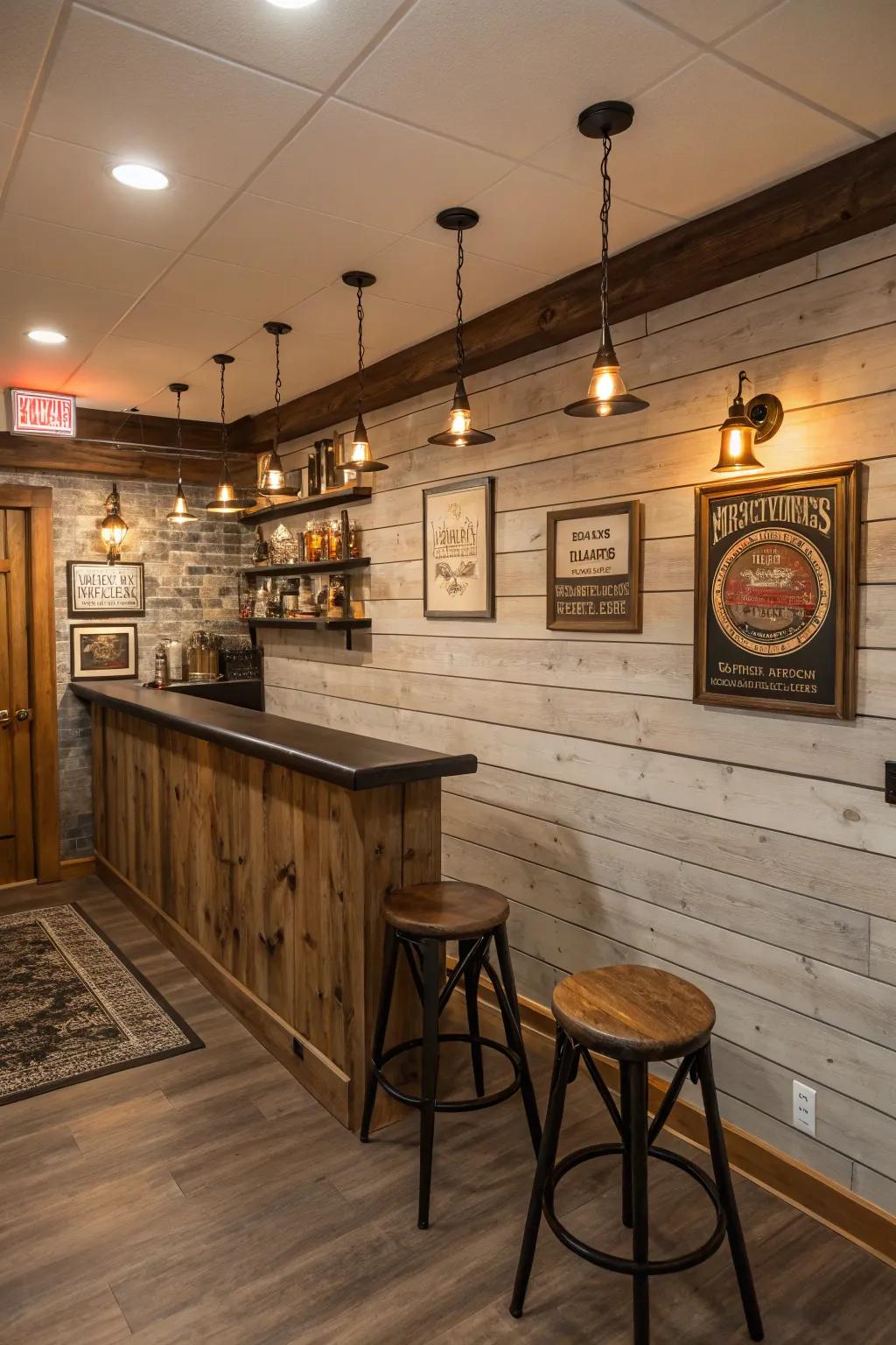 A rustic shiplap bar area in the basement, ideal for entertaining.