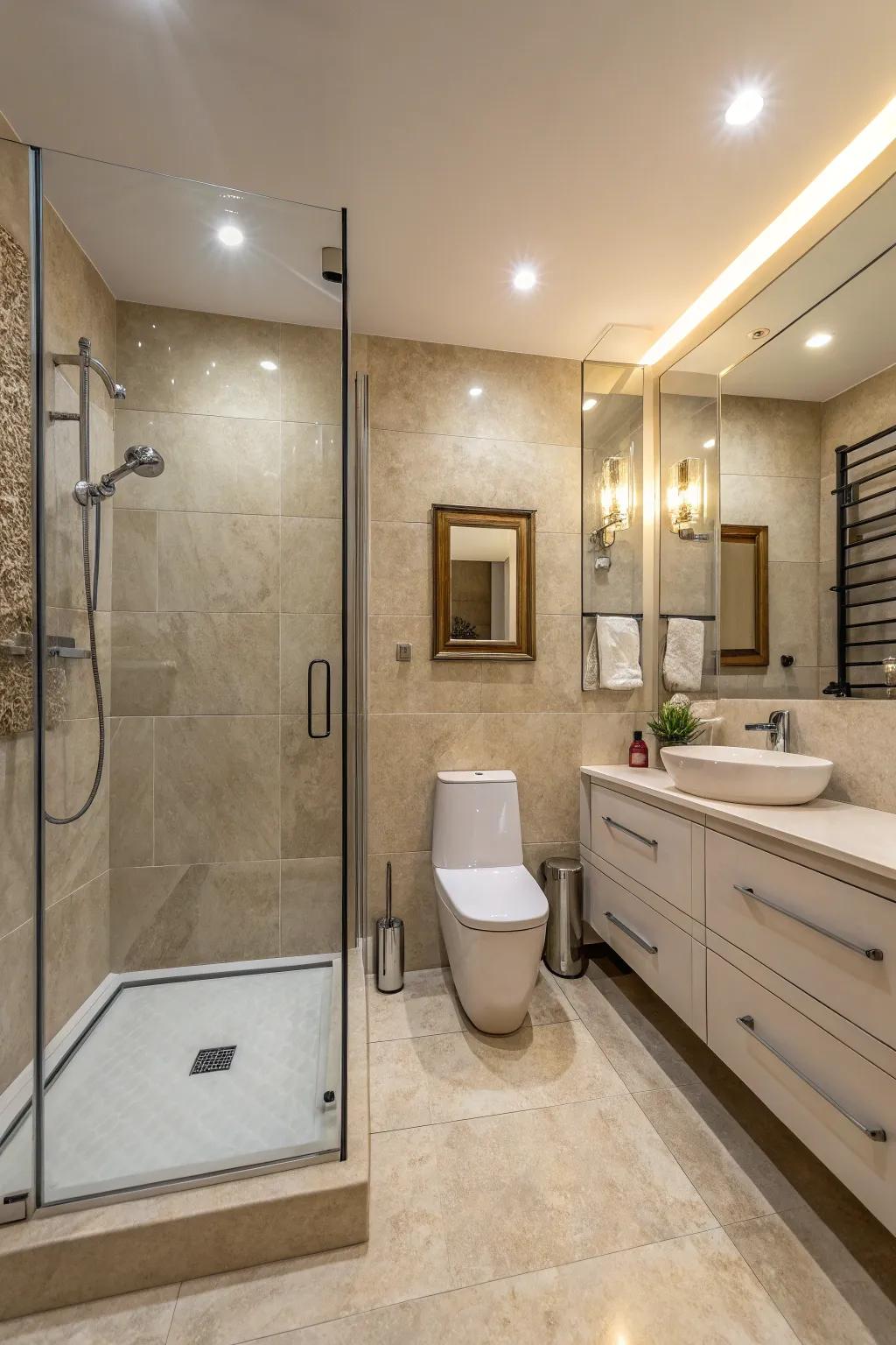 Neutral hues enhance light and space, perfect for compact bathrooms.