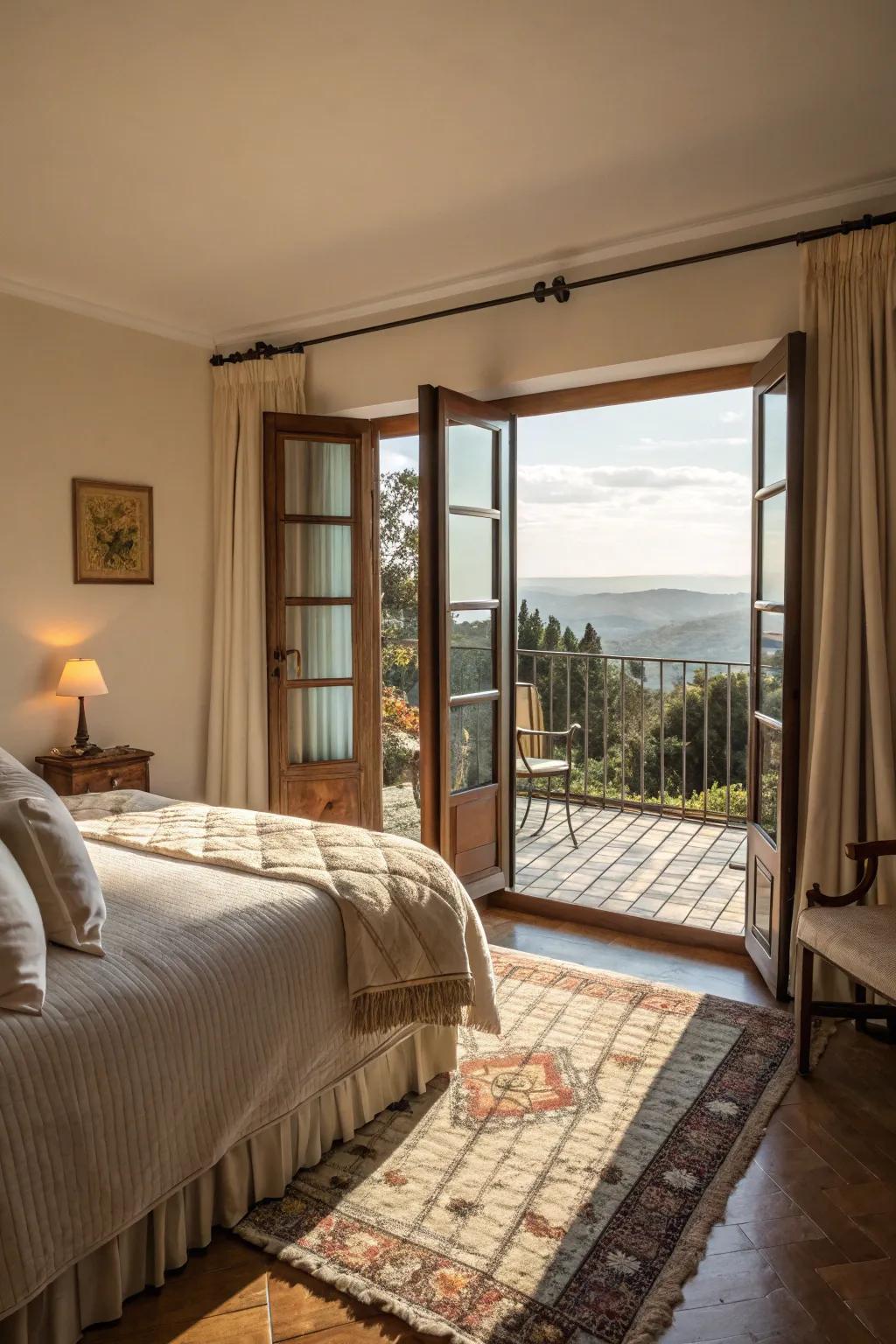 Cozy bedroom textures leading to a tranquil balcony.