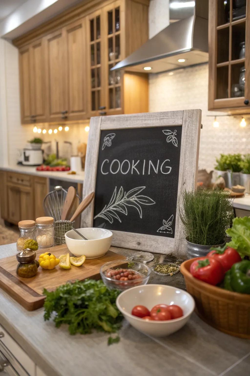 Kitchen chalkboard with a quote about cooking with love.