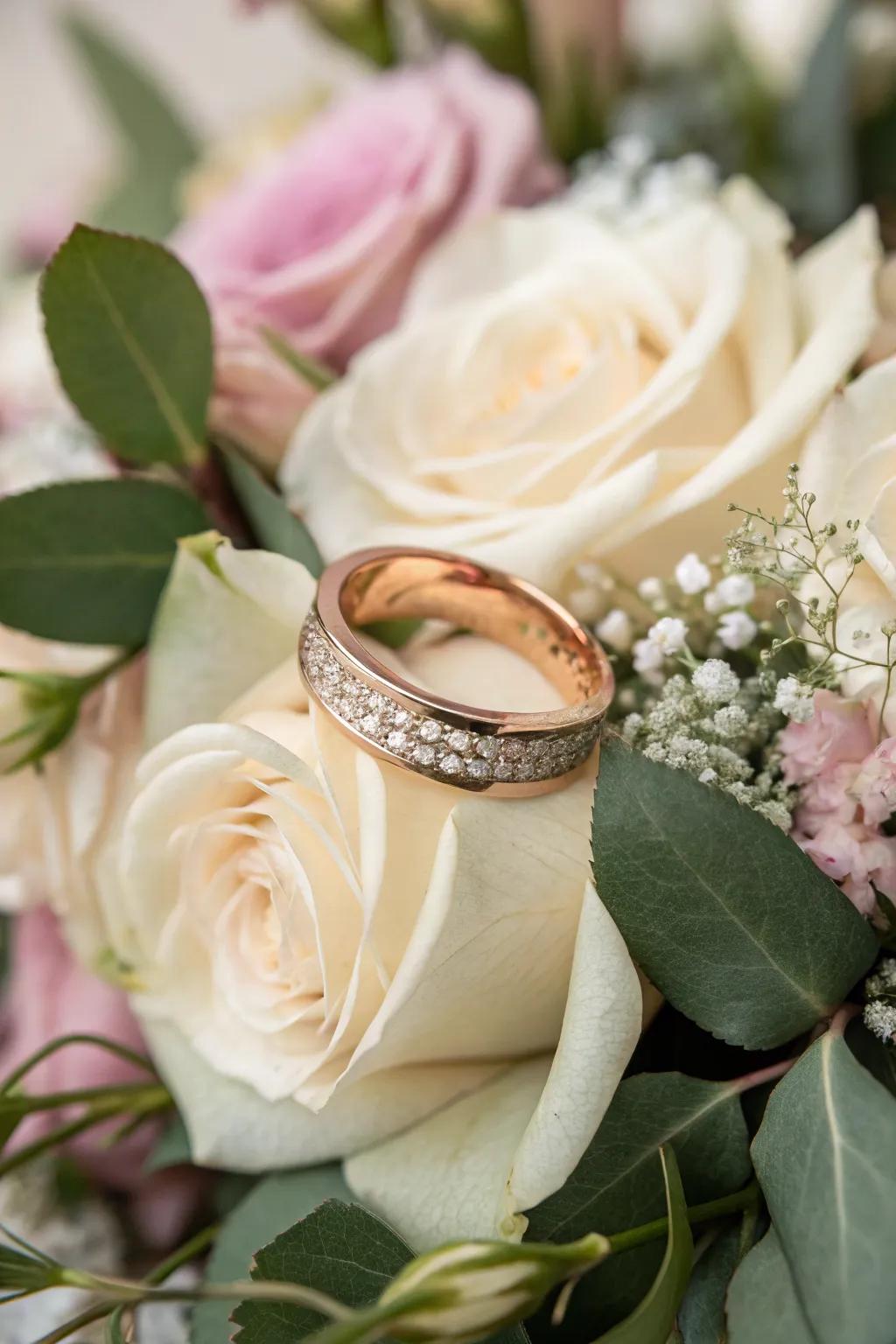 A romantic rose gold band set against a delicate floral backdrop.