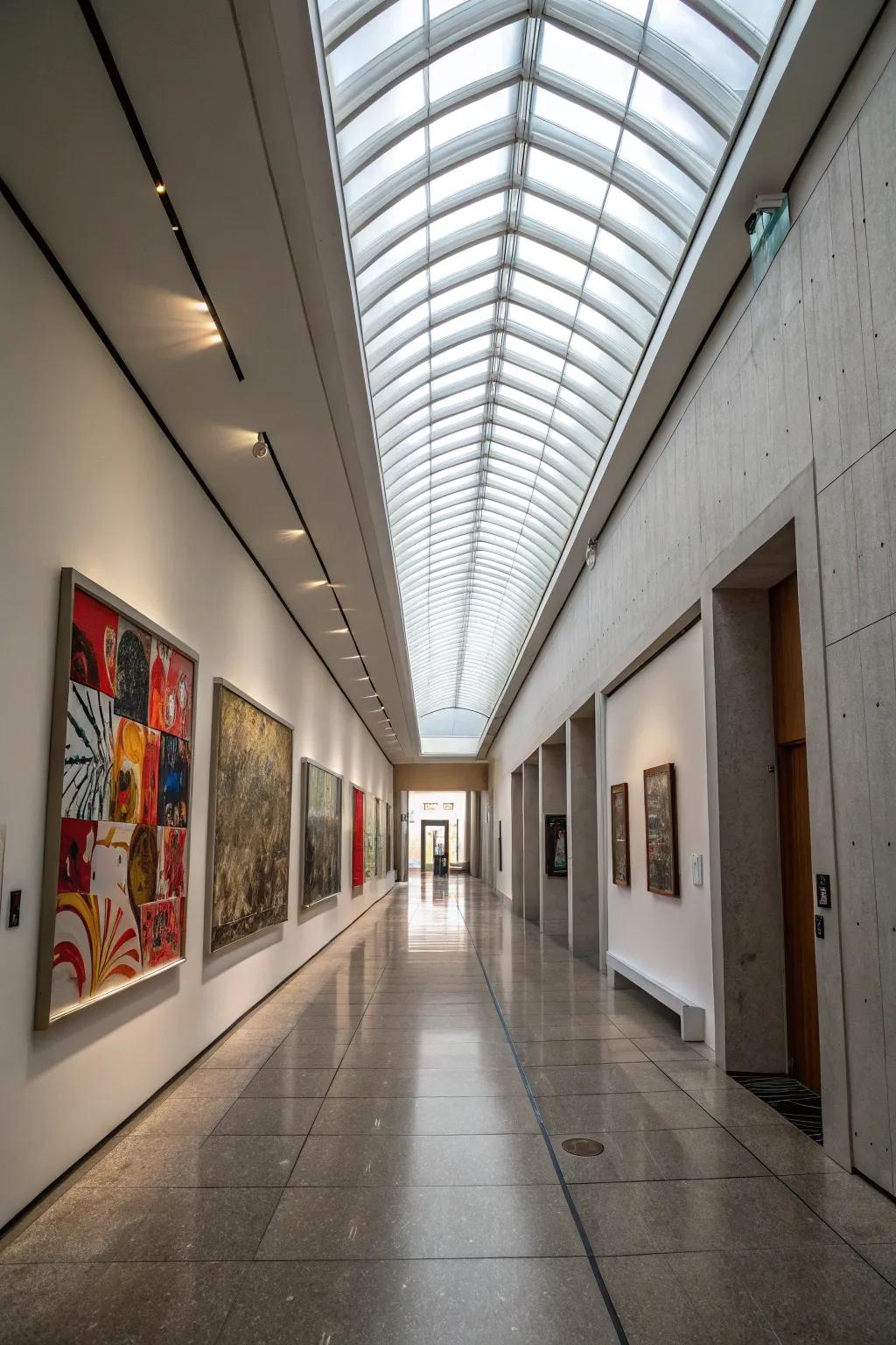 A bright hallway transformed by a ceiling-length skylight.