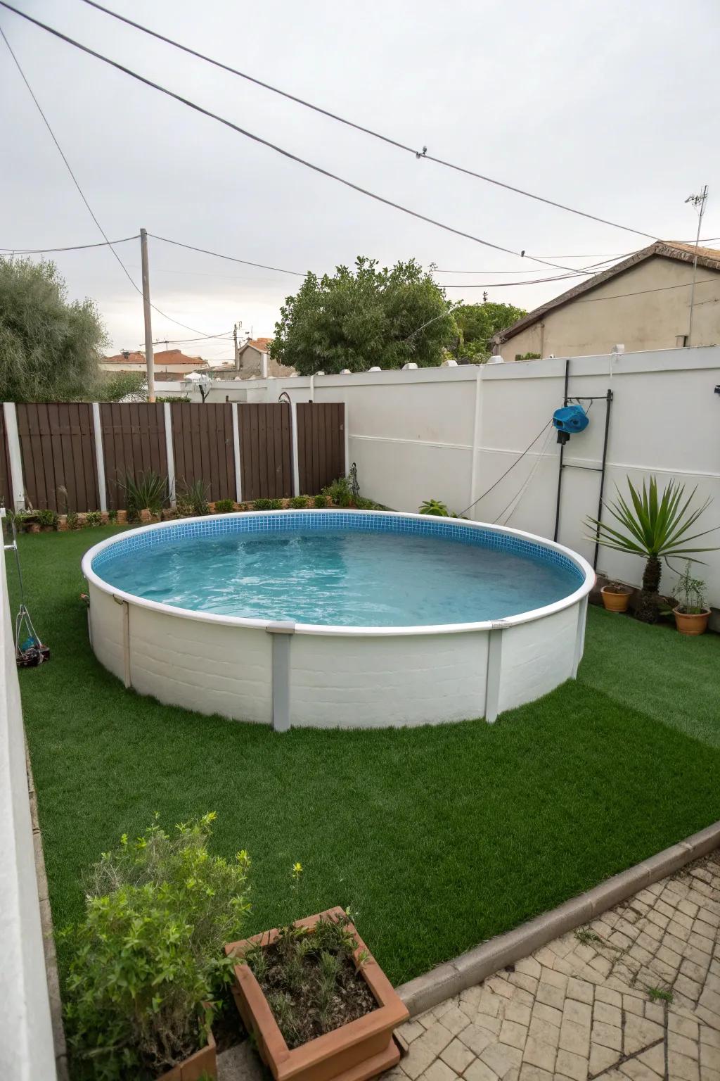 Artificial grass creating a vibrant and maintenance-free border around an above-ground pool.