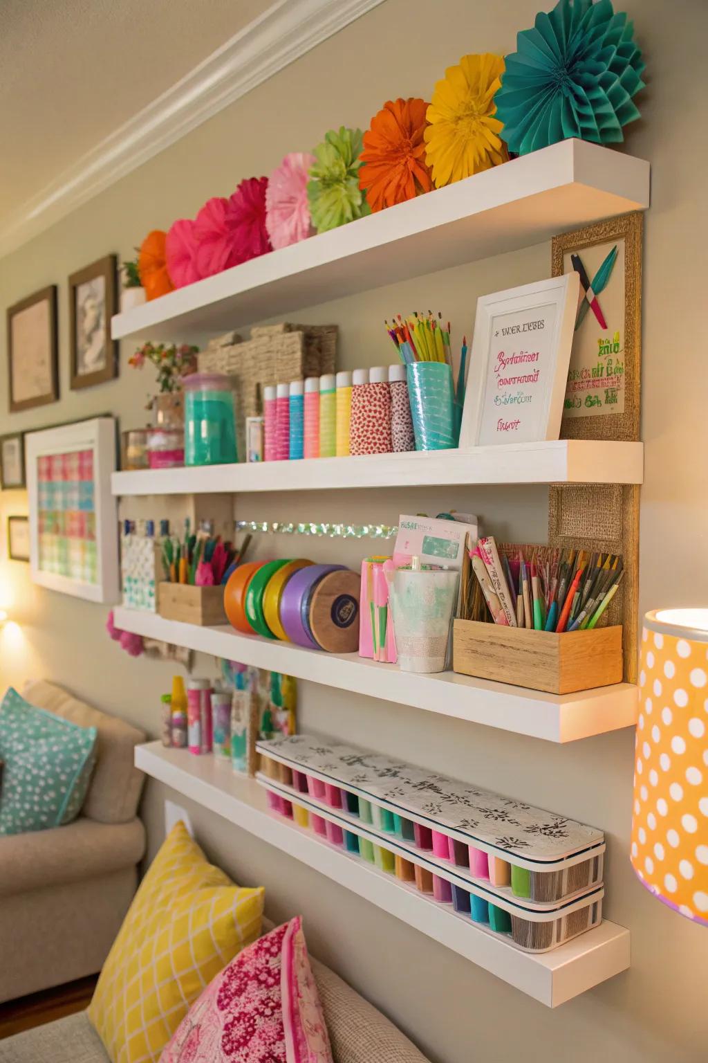 Floating shelves provide storage without taking up floor space.