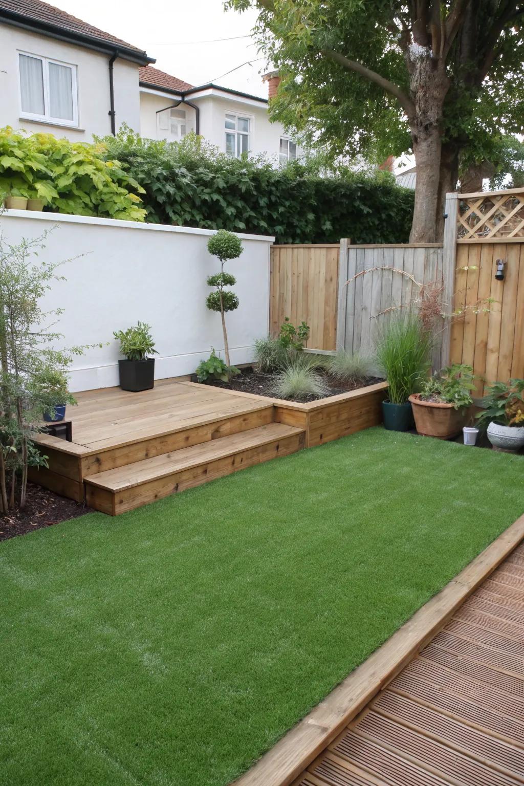 A multi-level garden feature using artificial grass and a wooden platform.