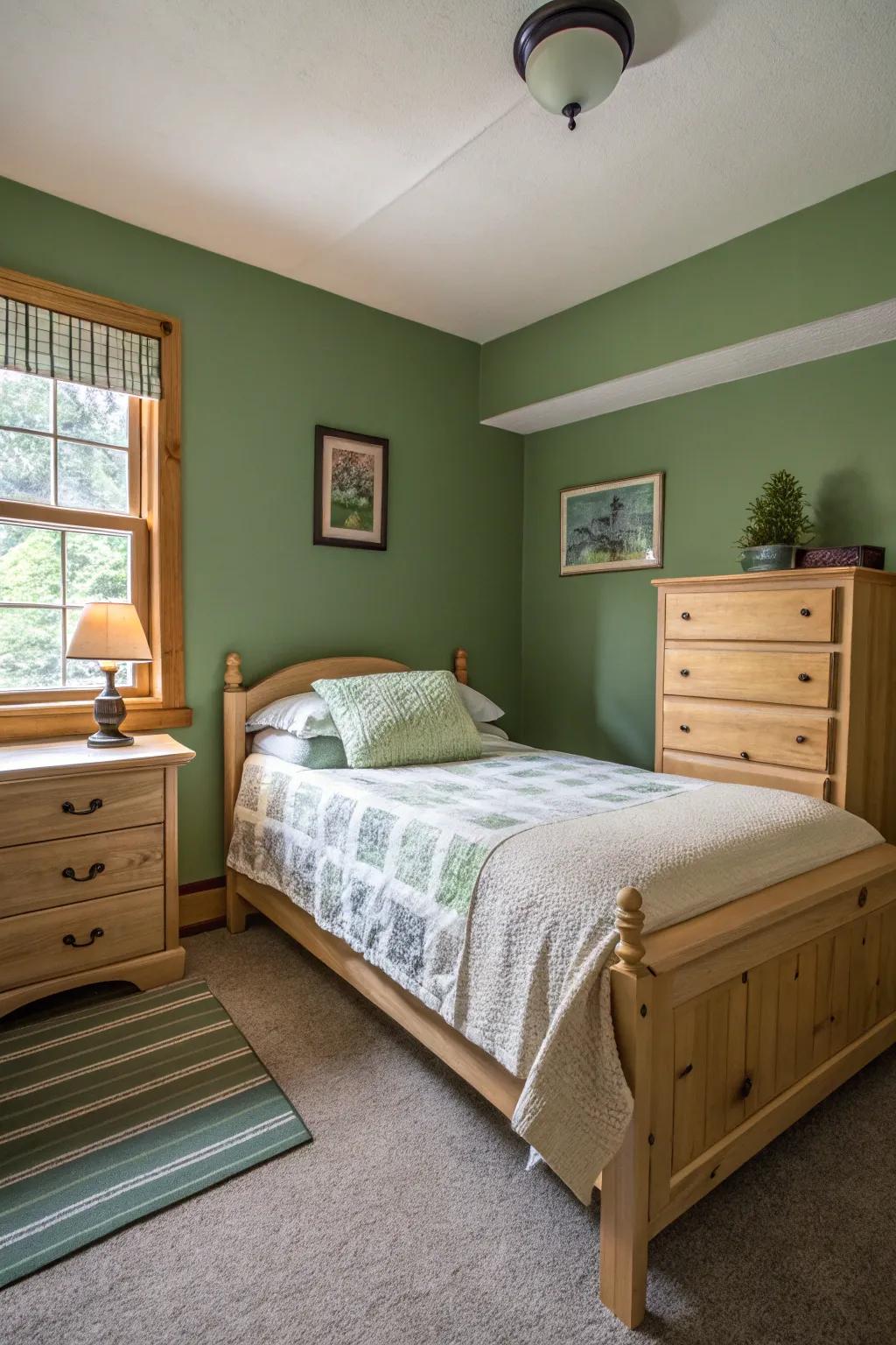 Light wooden furniture adds warmth to a green bedroom.