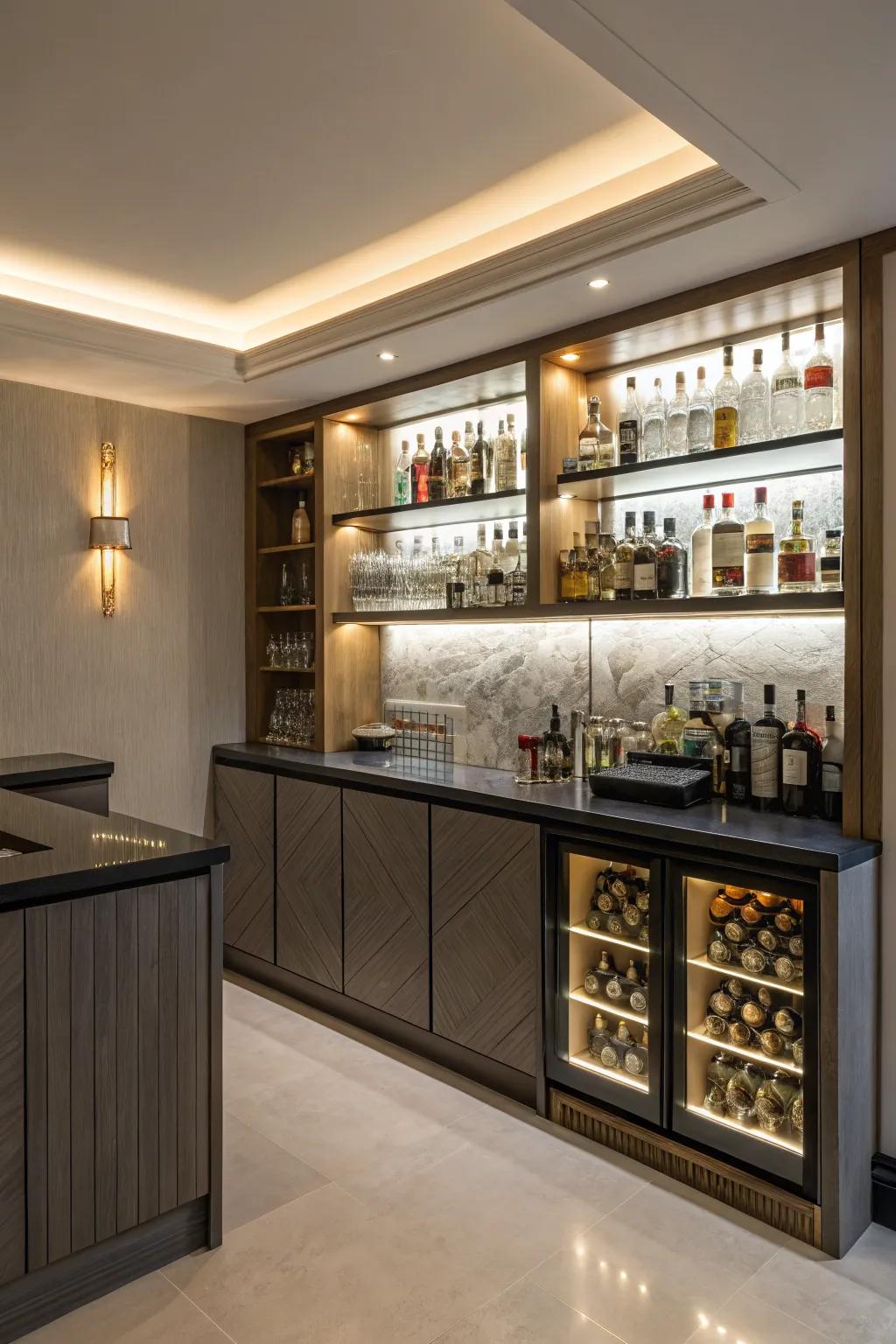 Accent lighting can dramatically enhance the atmosphere of your home bar.