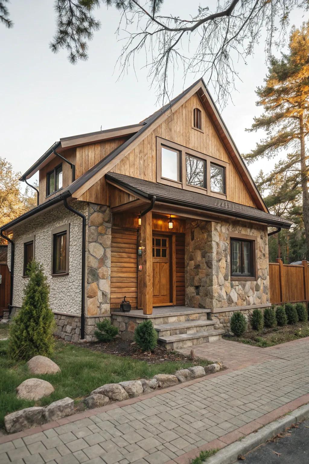 Textured materials like wood and stone add depth to your exterior.