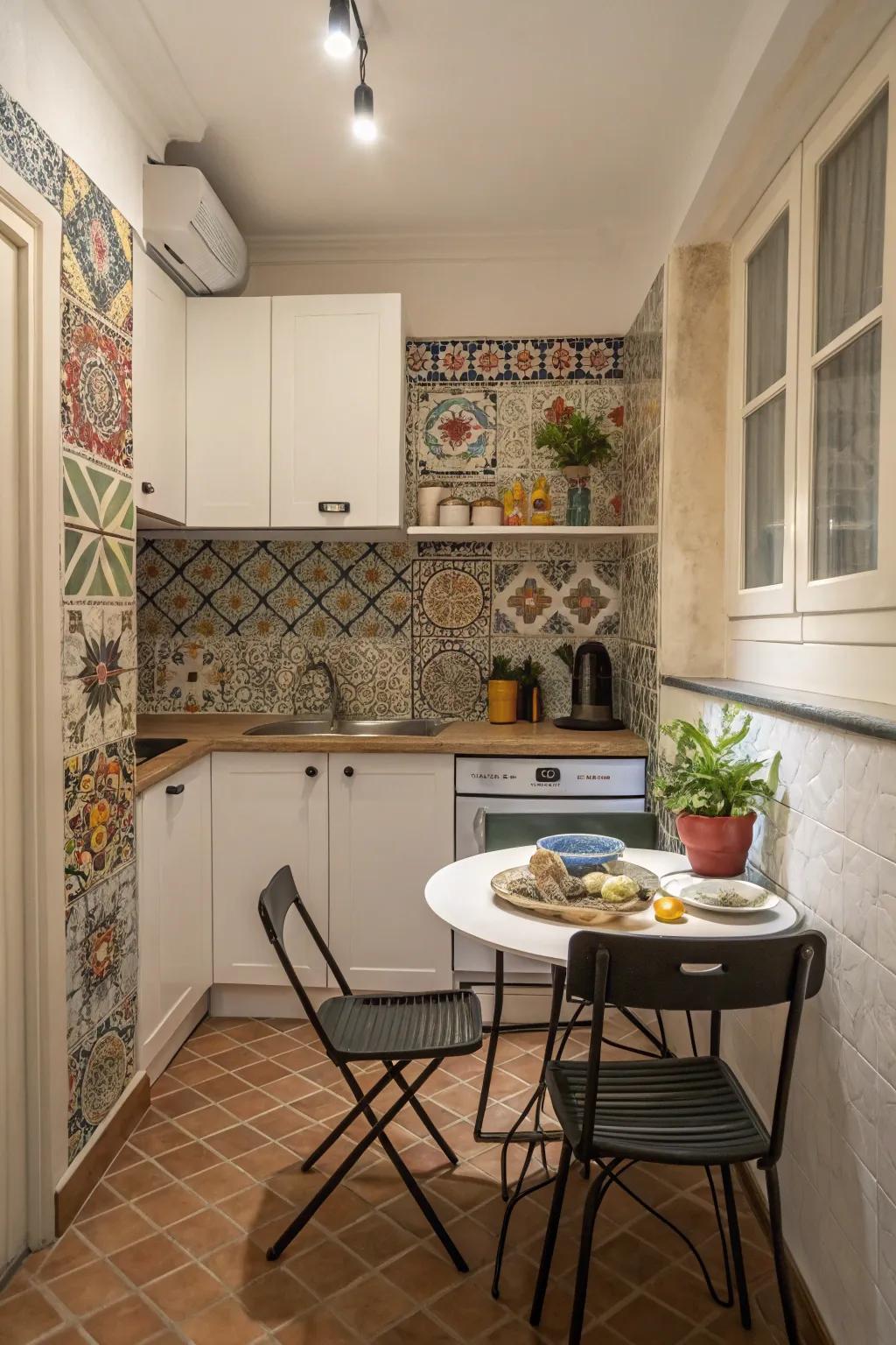 A decorative backsplash creates a striking focal point in this kitchen.