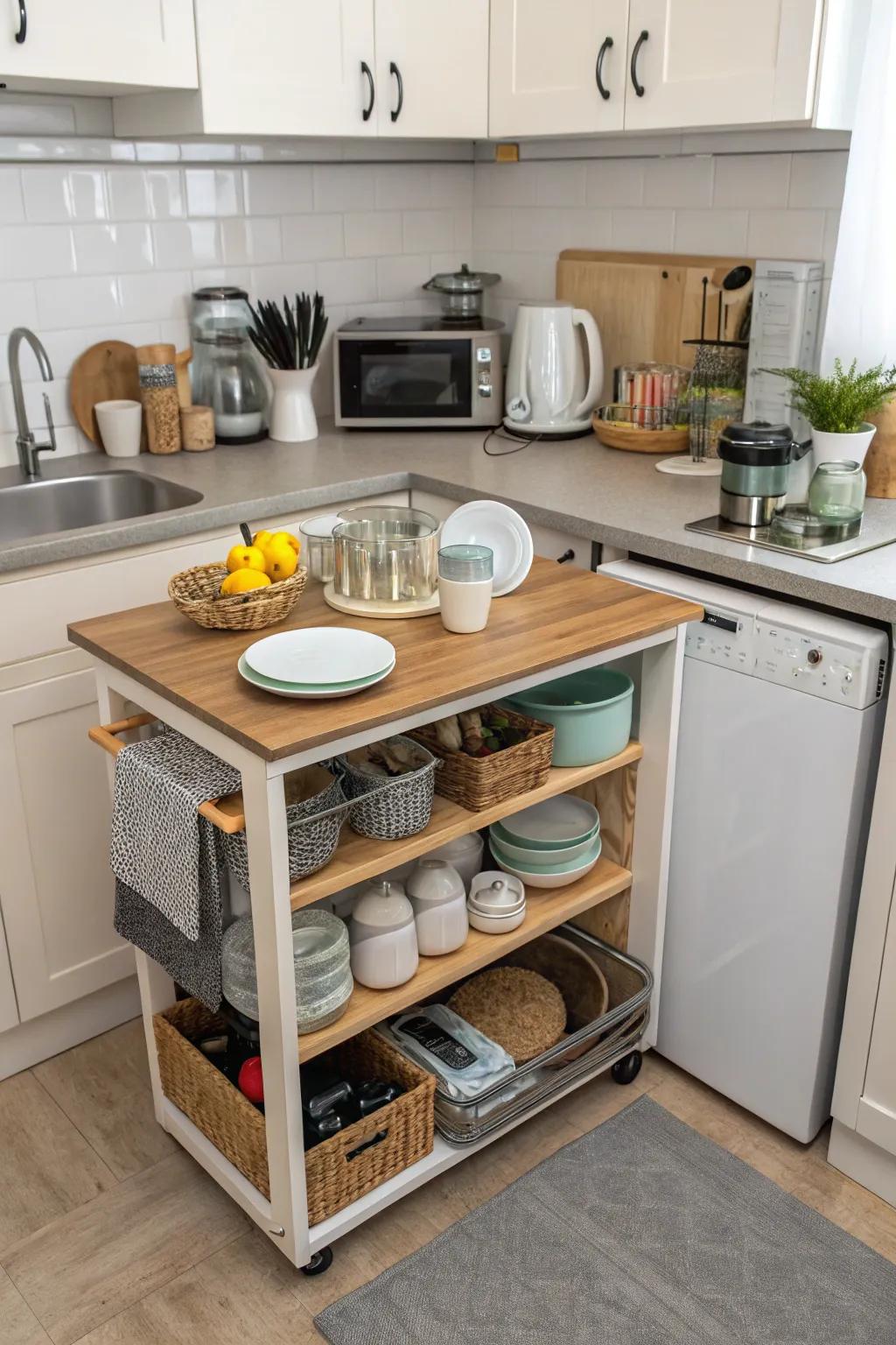 A foldable table with hidden storage solutions.