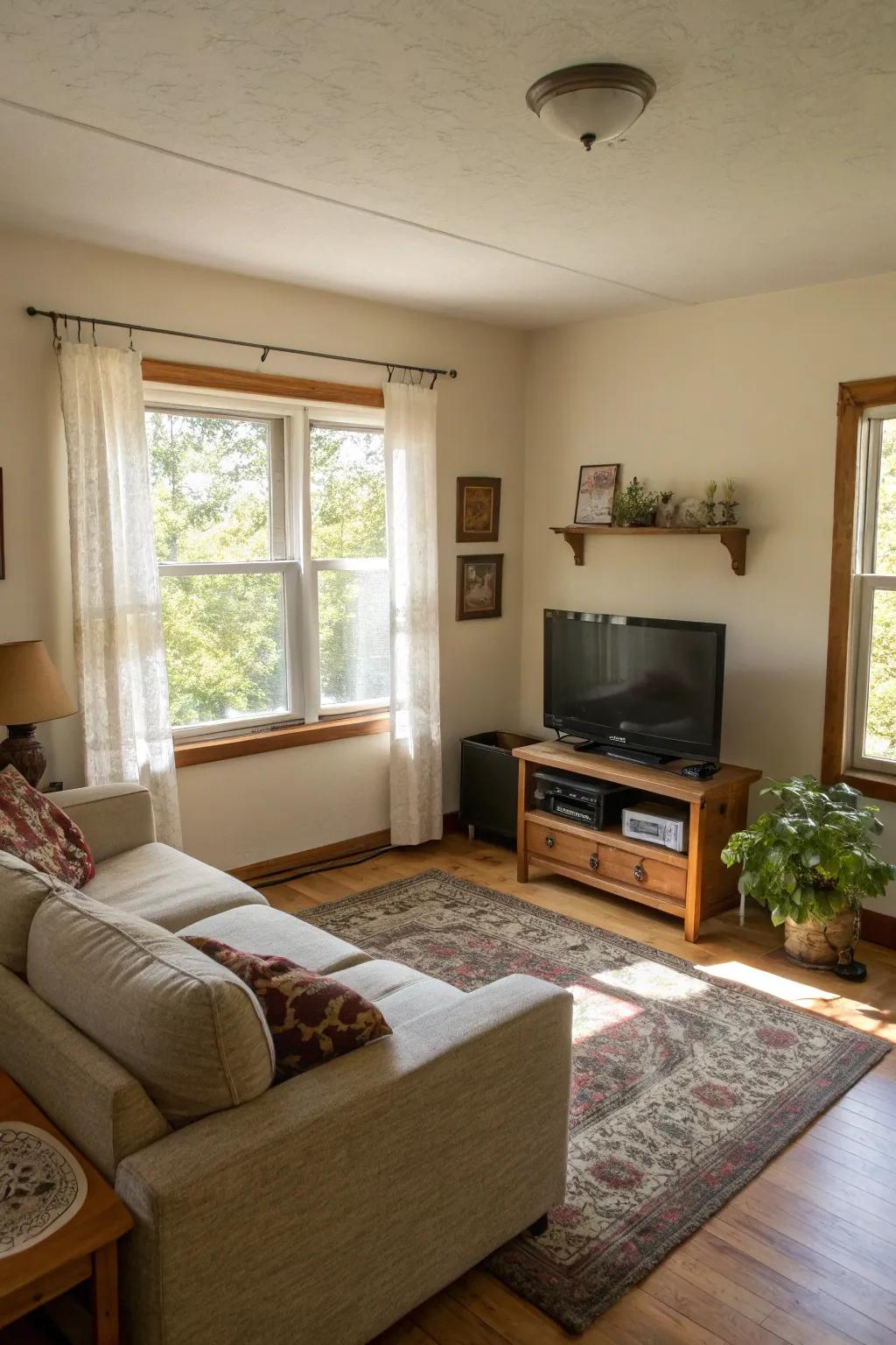 An open floor plan enhances flow and functionality in a small living room.