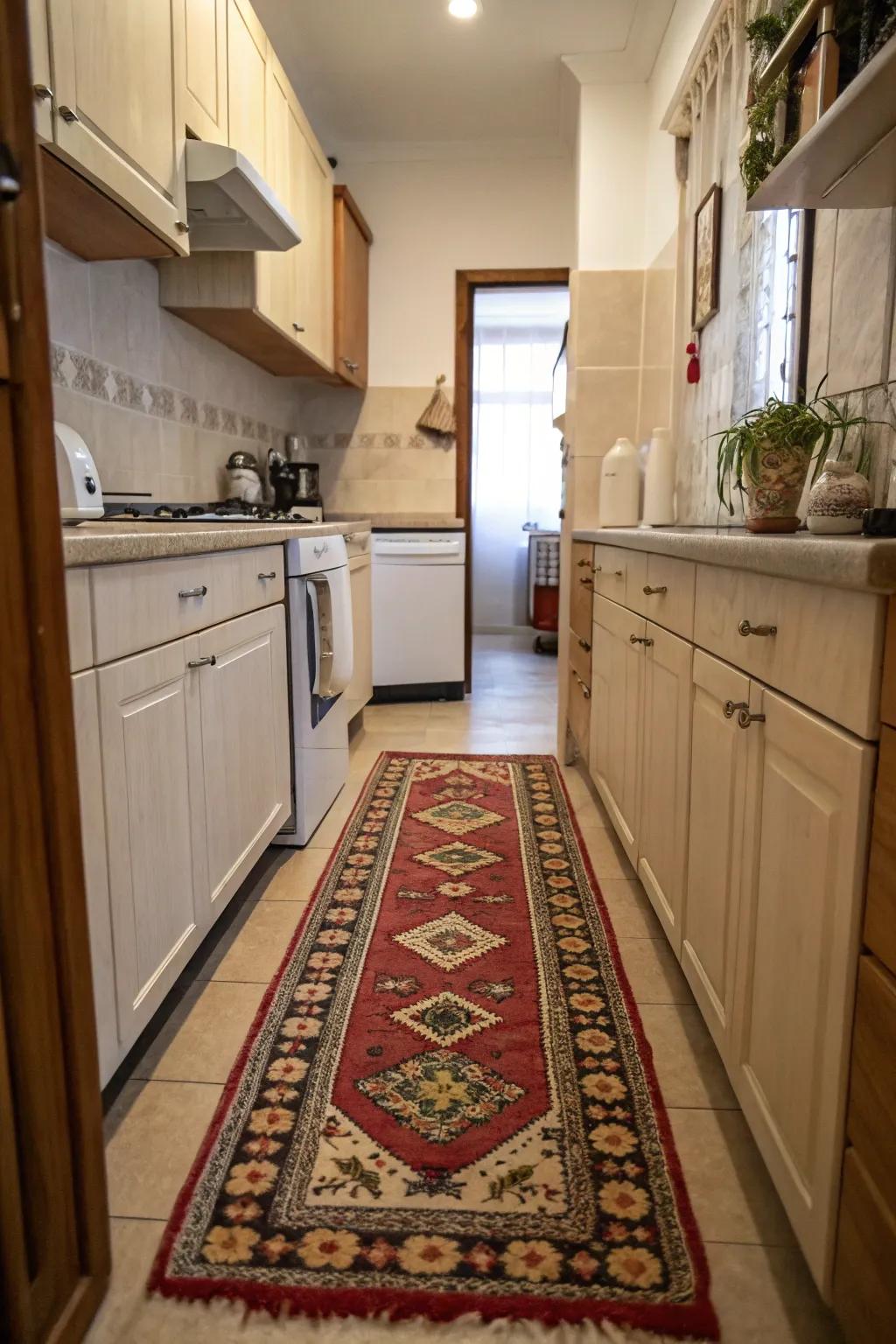 A colorful runner adds charm and personality to this kitchen.