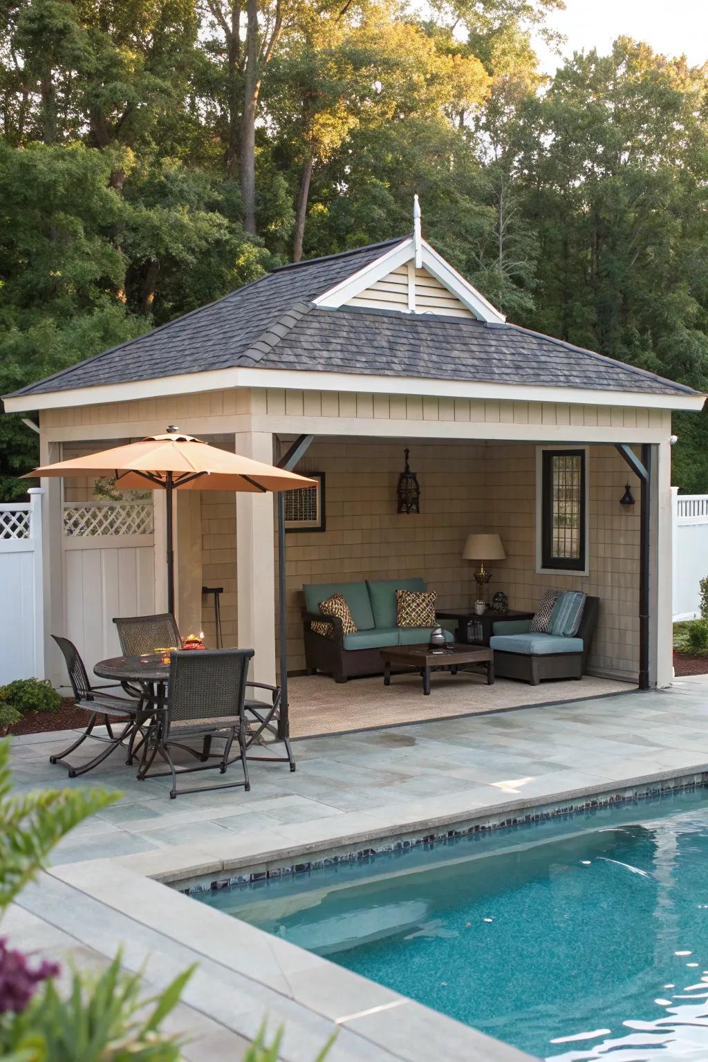 A covered patio extends living space and offers shade.