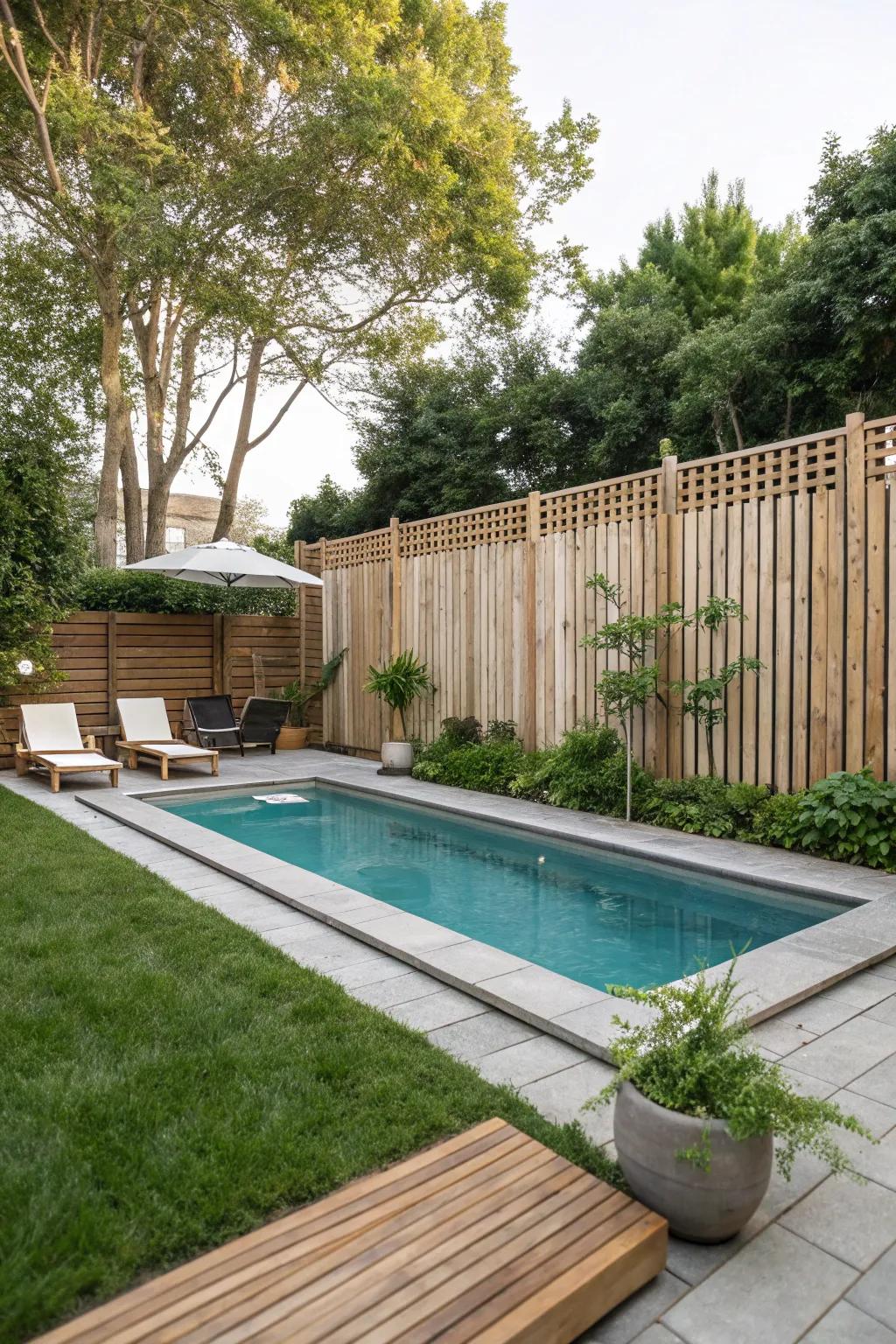 A wooden privacy fence creates a secluded and intimate pool area.