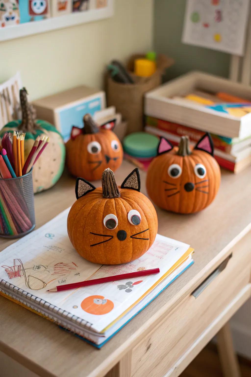 Animal-themed pumpkins bring a playful charm to any space.