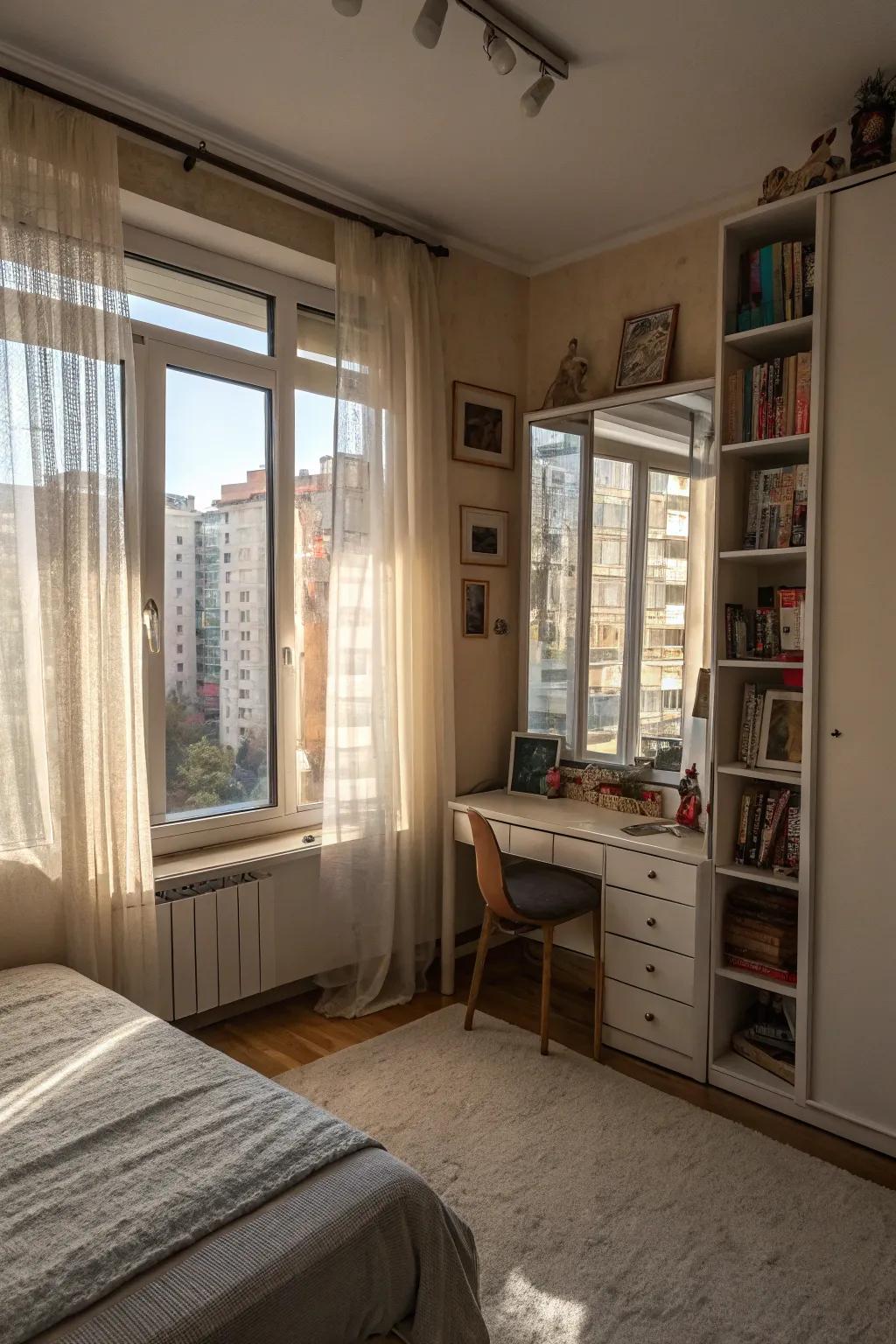 Natural light is maximized with mirrors and sheer curtains for a bright atmosphere.