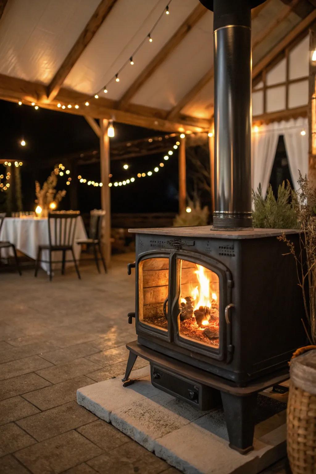 A glass door wood stove offering a captivating view of the dancing flames.