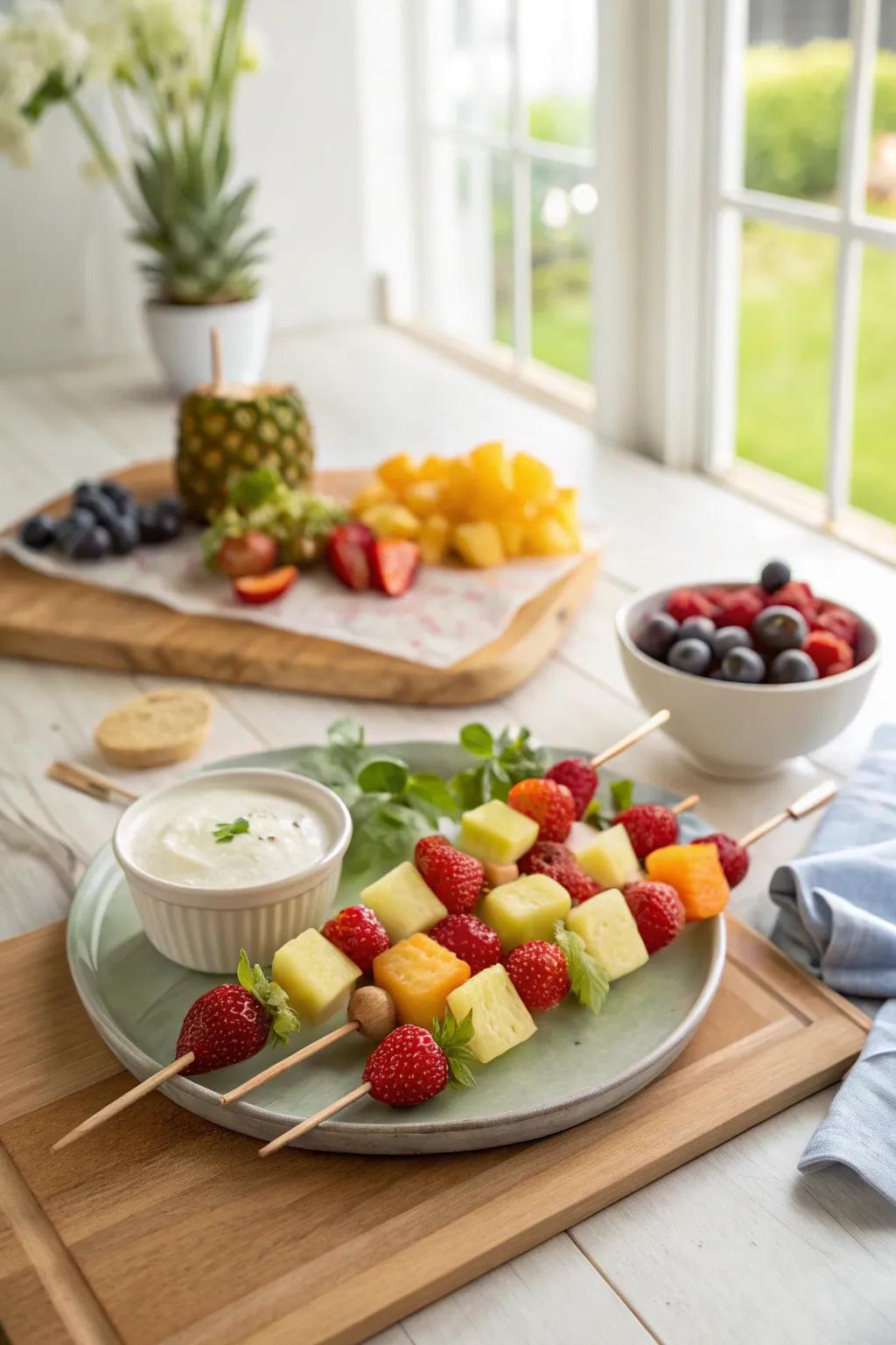 Refreshing fruit skewers paired with a creamy yogurt dip.