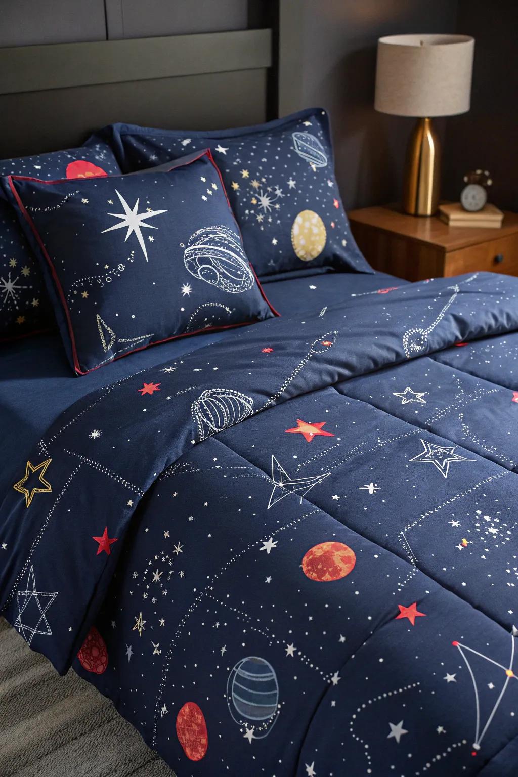 Drift off to sleep under a blanket of stars with space-themed bedding.