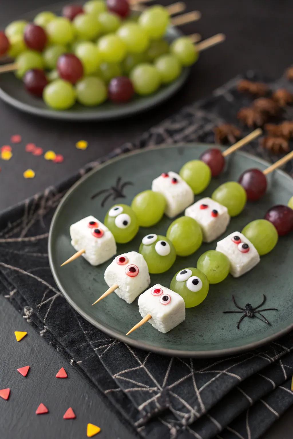 Vampire grape skewers ready to be devoured by your guests.